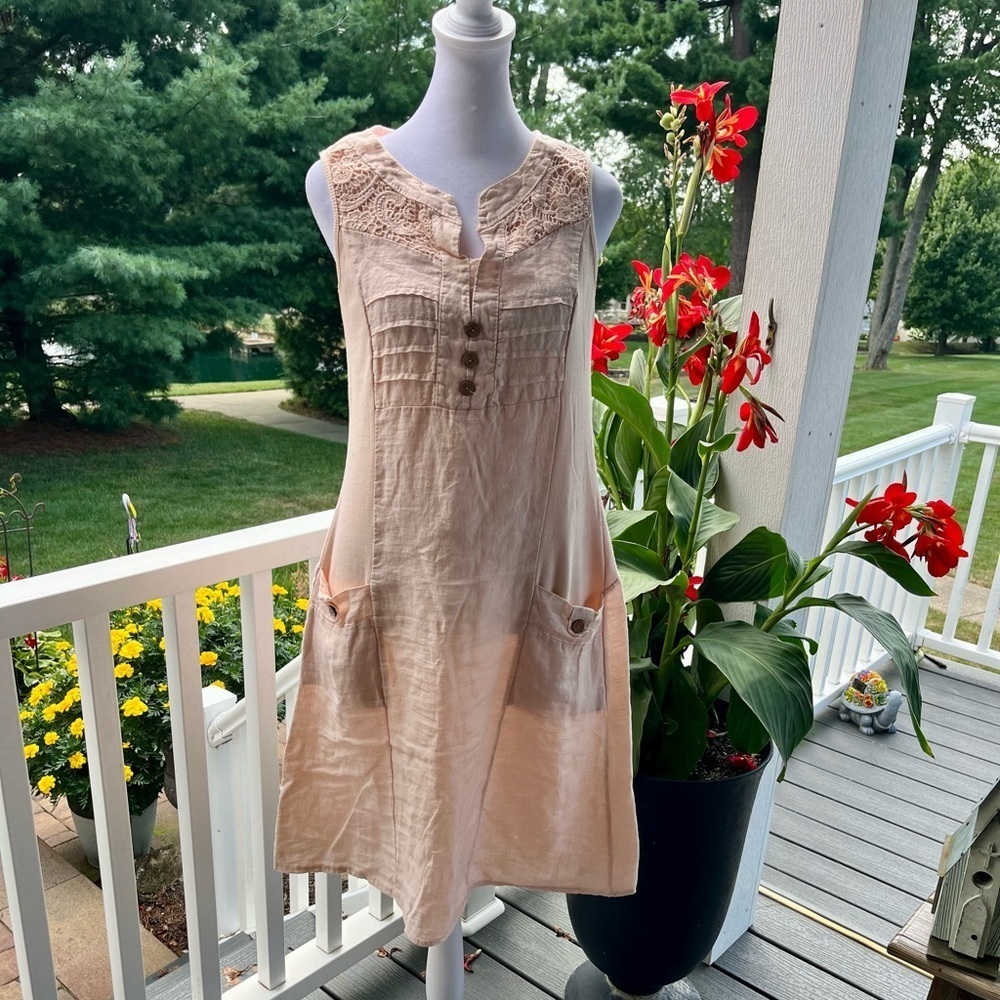 Anabelle Paris Blush Linen Tunic Dress w/ Crochet Detail - Size L